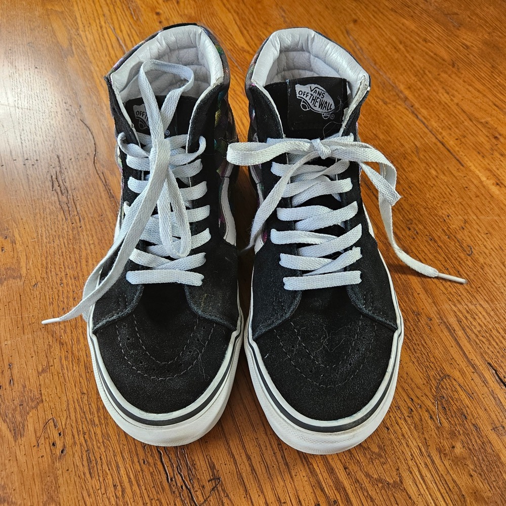 Vans Sk8-Hi Rainbow Iridescent Checkered High‎ Top Sneakers Black Suede Womens 7 - Picture 6 of 9